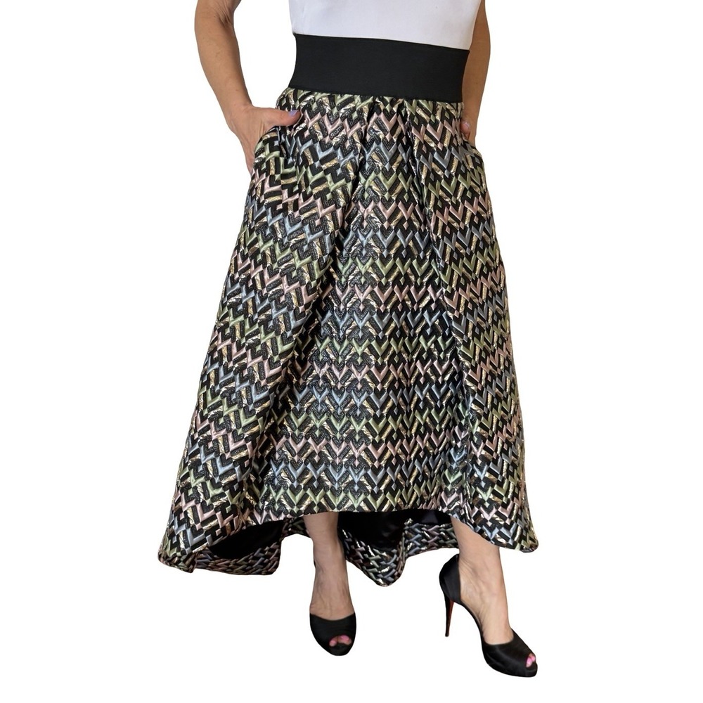 Milly New York Hi Lo Circle Skirt Textured Metallic Chevron Runway Pleated Sz. 2